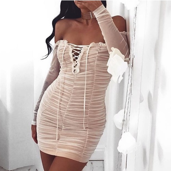 White Sheer Ruched Ruffle Mesh•Mini Dress - Picture 3 of 7